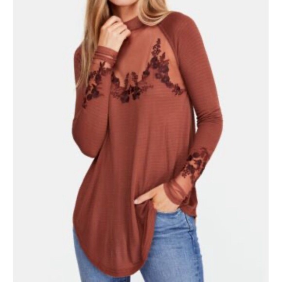 Free People Saheli Brown Long Sleeve Shee Yoke Embroidered Trim Blouse Womens S - Picture 1 of 12